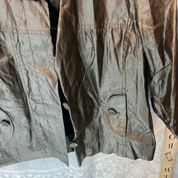 CHICOS WAXXED LINEN COPPER JACKET BLAZER SHORT SLEEVE TOO CUTE EUC SIZE 1 M - Picture 8 of 16